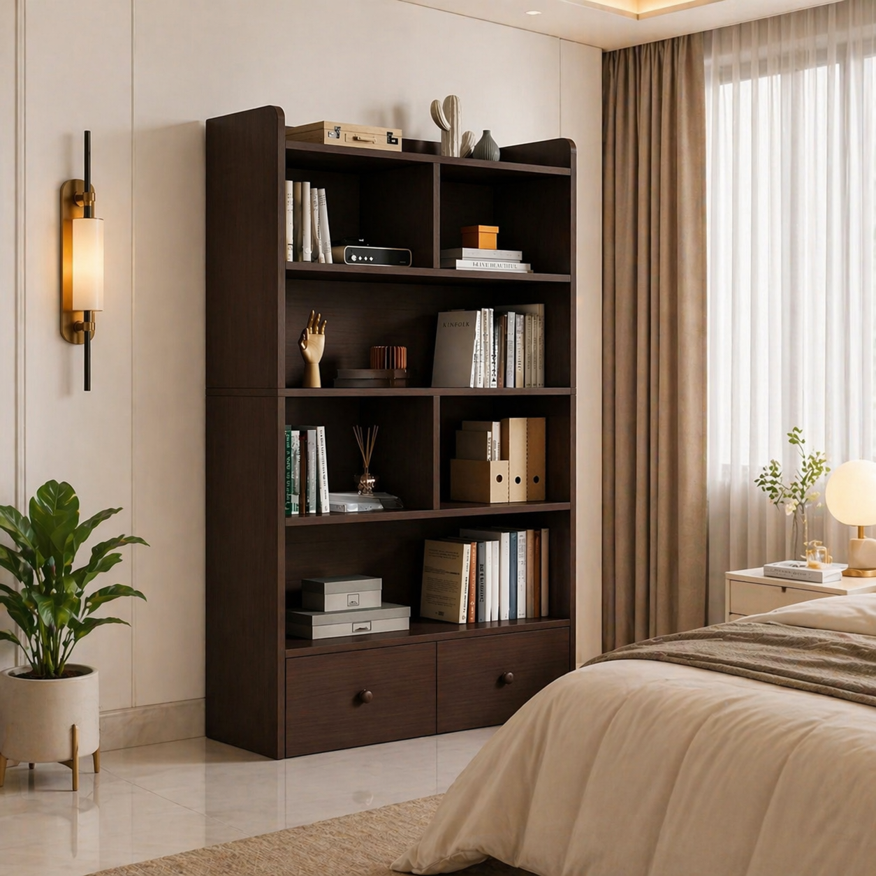 Modern Wooden Bookshelf with Multi Storage
